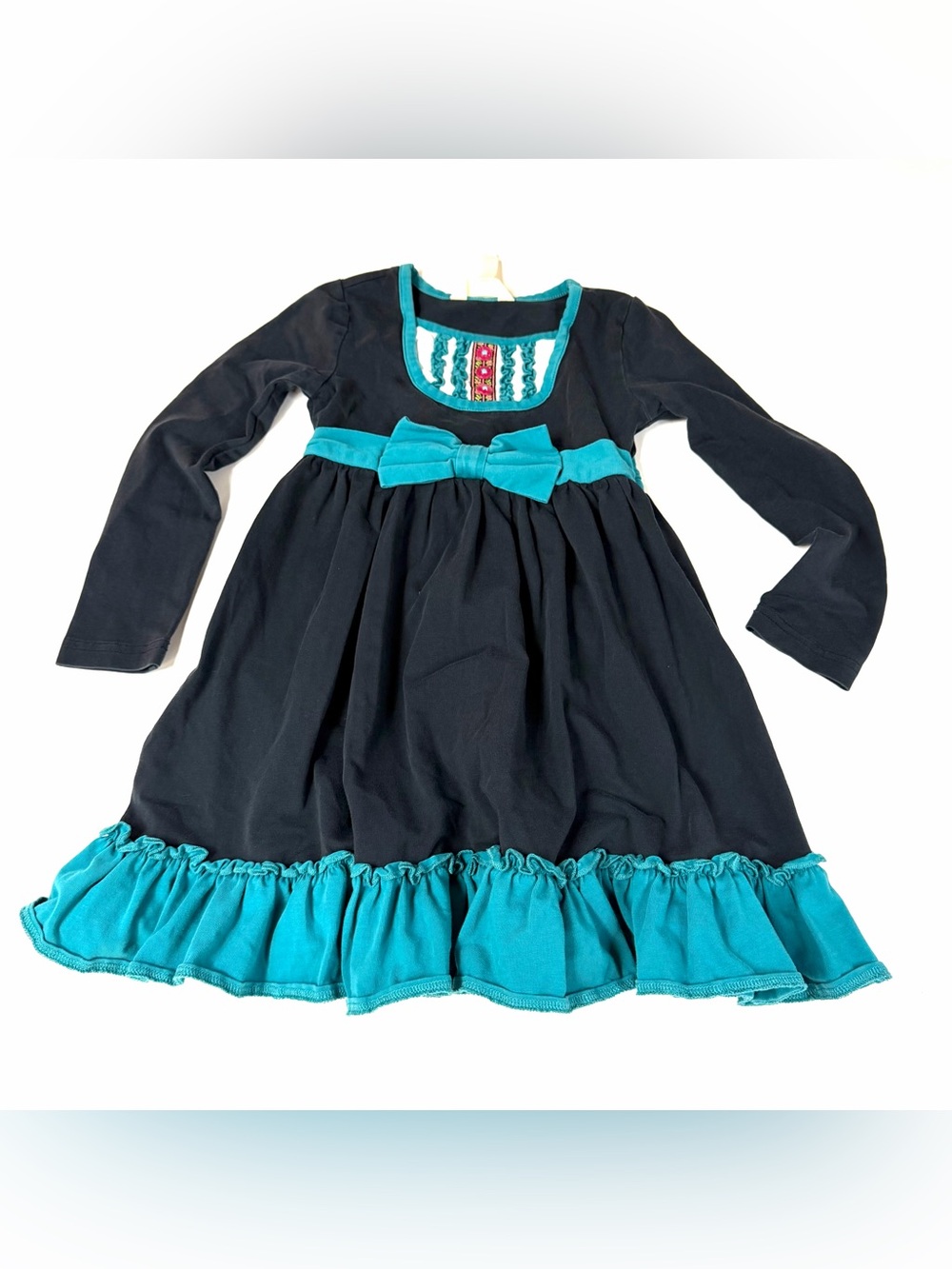Matilda Jane Little Girls Size 4 Long Sleeve Dress Blue Black Bow Frilly #3069